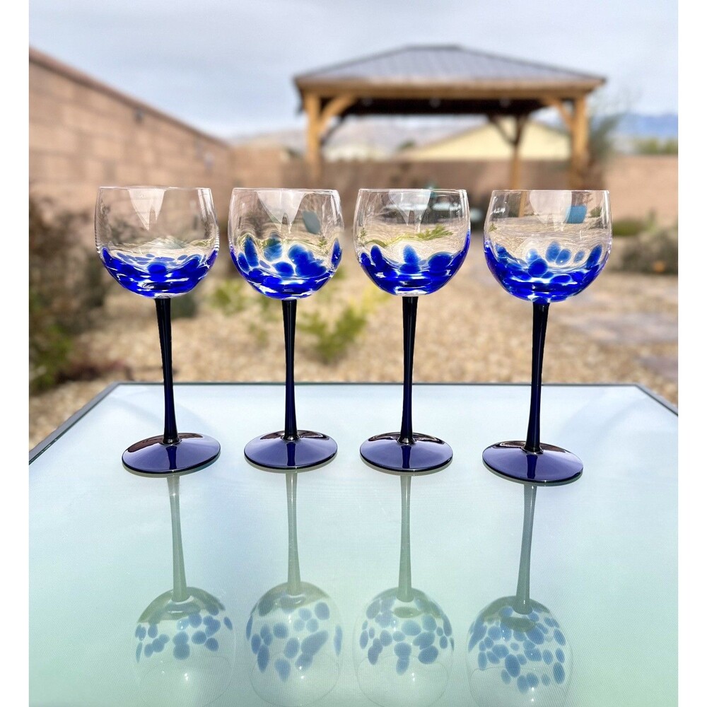 Hand blown Poland Blue Rose Polish Pottery Cobalt Confetti Large Wine Glass Set
